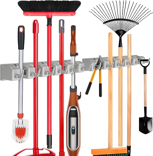 IMILLET Paquete de 2 soportes para trapeador y escoba, organizador montado en la pared, estante de herramientas de almacenamiento para mopa y escoba