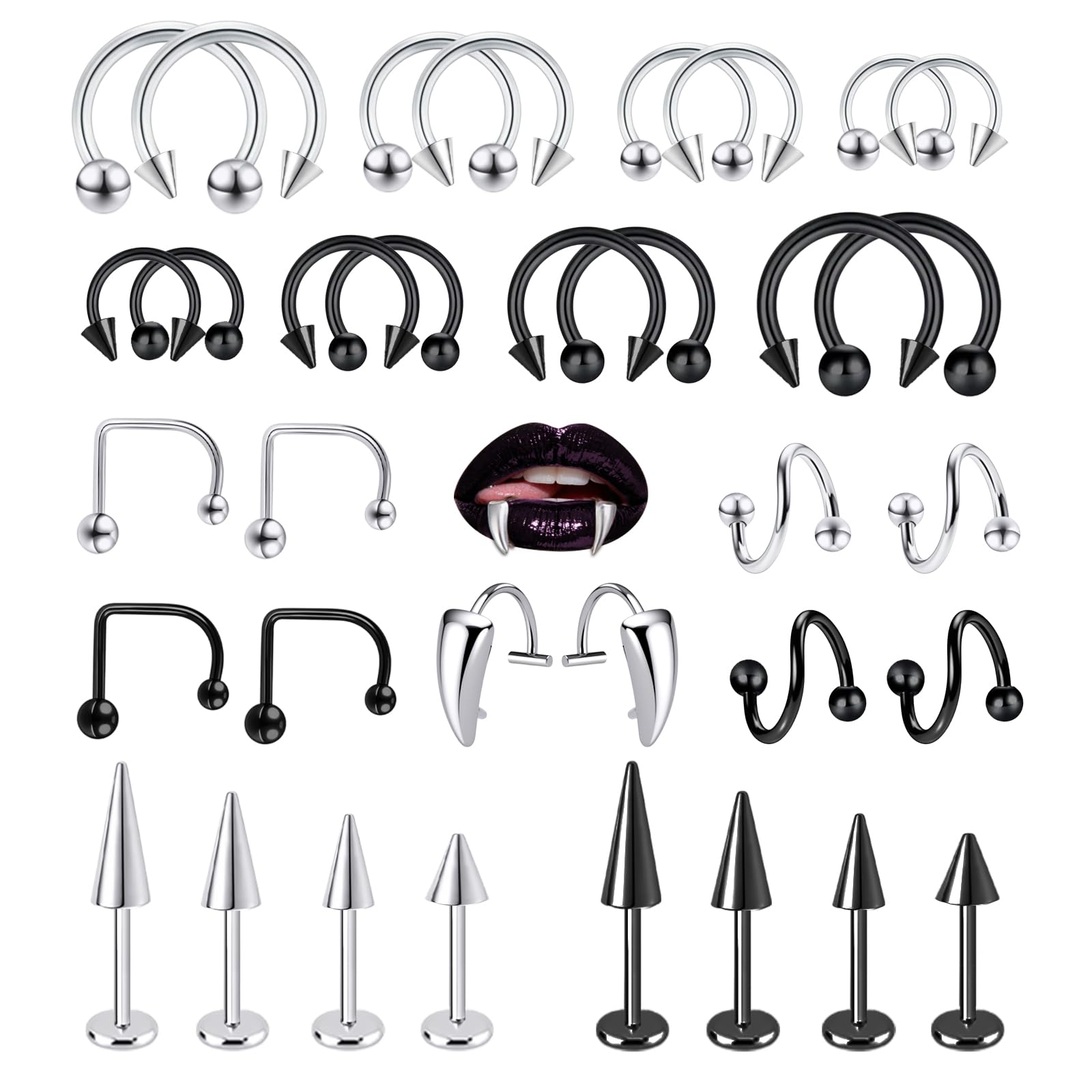 Lip Rings 16G Snake Bite Piercing Labret Jewelry Monroe Lip Barbell Ring Spike Nose Stud Spiral Piercing Vampire Fangs Lip Cuff Stainless Steel Vertical Helix Jewelry for Women Men-image-30