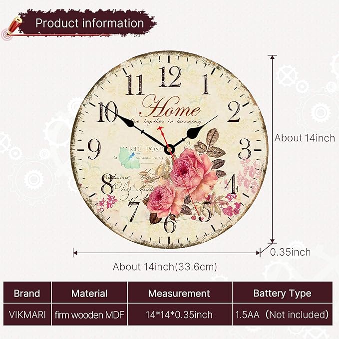 Reloj de Pared VIKMARI 14 Pulgadas Madera Analógico Silencioso miniatura 3