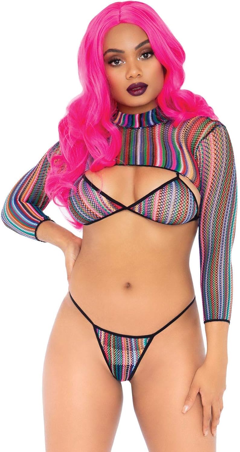 Leg Avenue Women's 3 Pc Fishnet Bikini Top, G-string Panties, Long Sleeve Crop Top Set