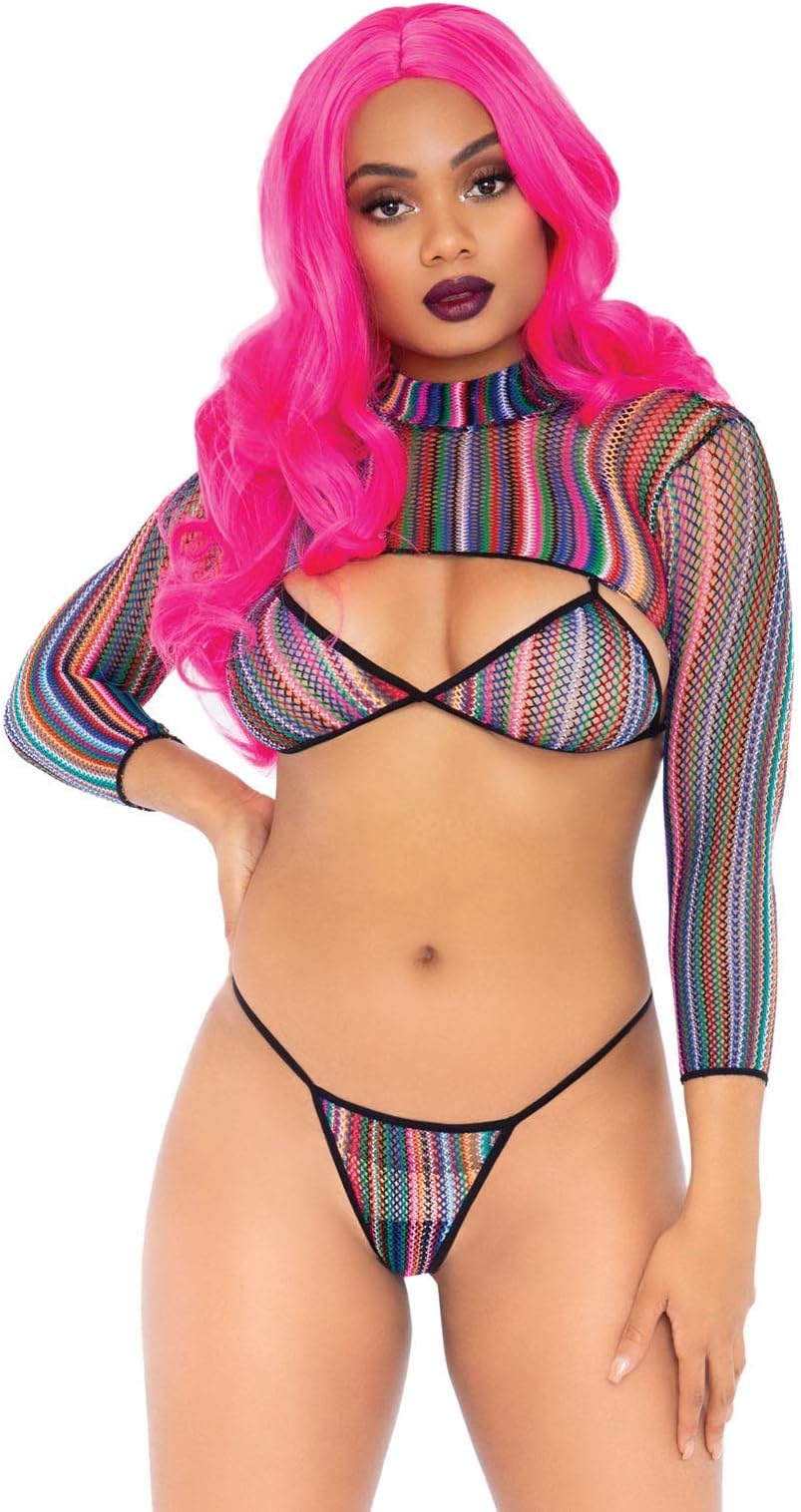 Leg Avenue Women's 3 Pc Fishnet Bikini and Crop Top Set