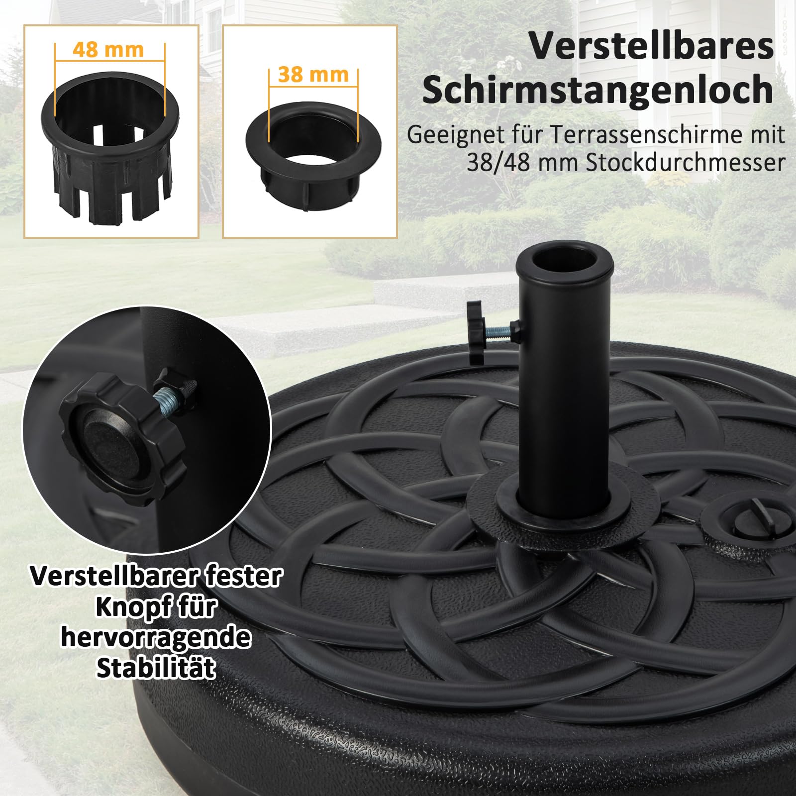 Wytrzymały stojak na parasol na drążki 38 mm/48 mm, wypełniany wodą 23 l / 39 kg, piasek, średnica 56 cm, przenośny, z uchwytem, czarny uchwyt na parasol zewnętrzny