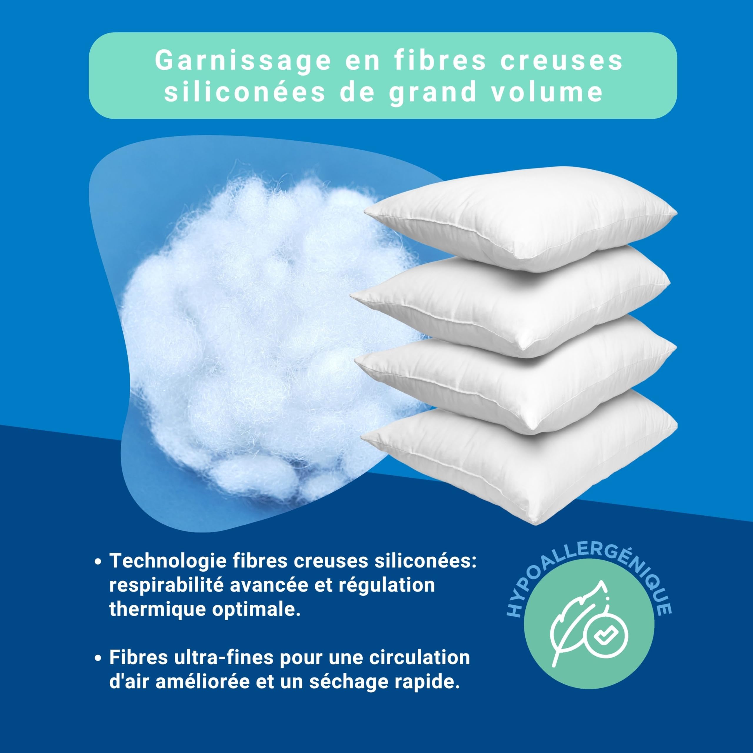Blue Moon Lot de 4 Oreillers 60x60 Moelleux | Confort Hôtellerie | Fibres Creuses Siliconées 580 g | Housse Microfibre | Lavable en Machine | Hypoallergénique | Fabriqué en Belgique