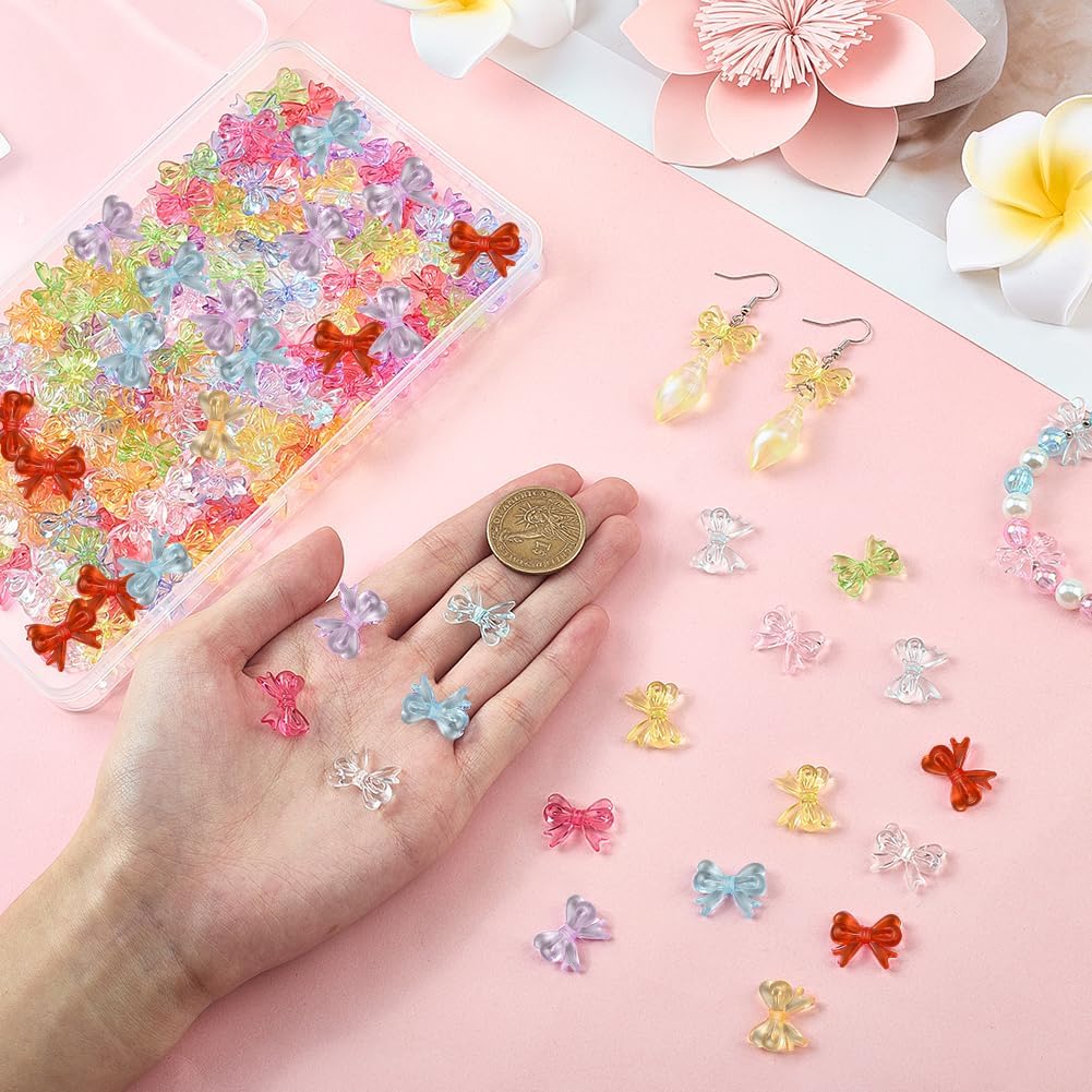 1 Box 200PCS Acrylic Bownot Beads with Holes Transparent Colorful 3D Bow Plastic Beadable Clear Charms Loose Spacer Bead for Jewelry Making Bracelet Necklace Earrings Diy Crafts Supplies - Image 3