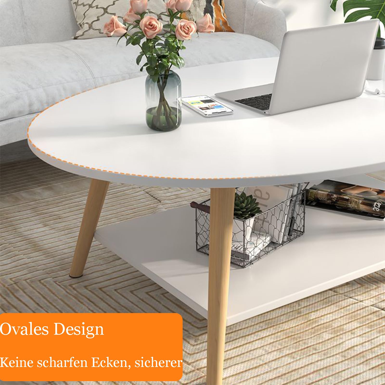 Table basse double couche en bois blanc, table de salon ovale, pieds de table en bois de pin, tables basses (100 x 50 x 40 cm)