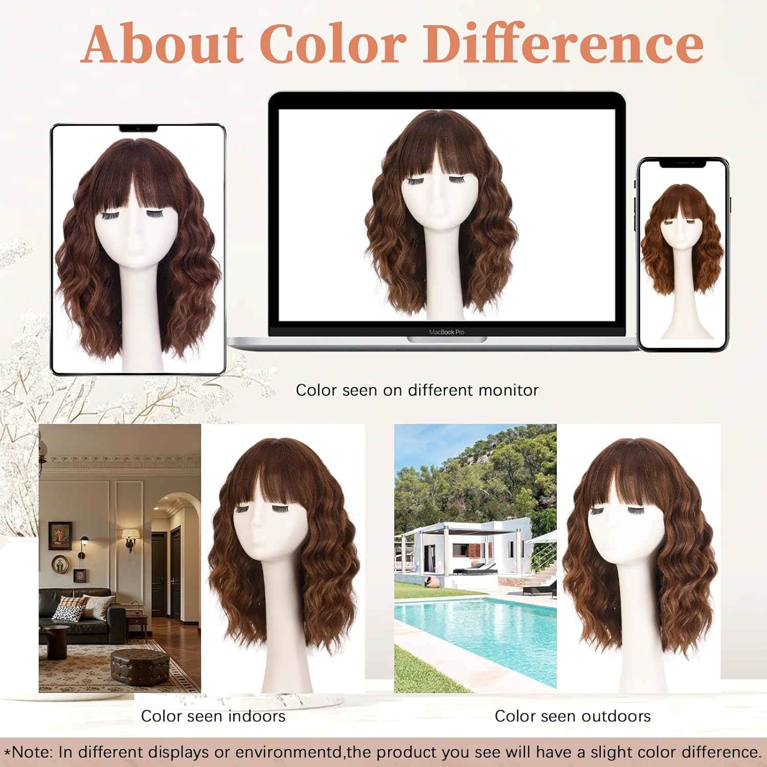 Lativ Brown Highlight Wigs for Women Short Wavy Curly Bob Wig with Bangs Shoulder Length 14 Inches Synthetic Hair for Daily Party Use - Image 7