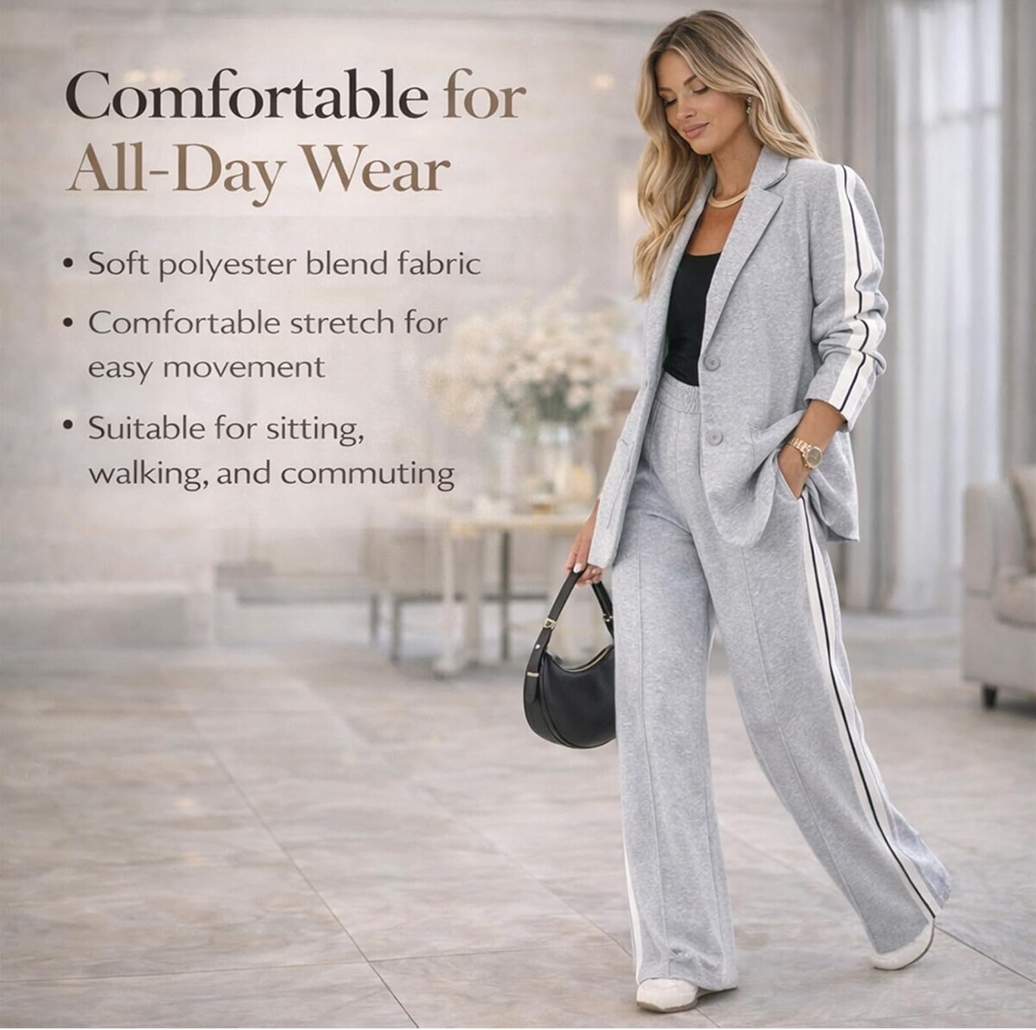 Women’s 2 Piece Blazer and Wide Leg Pants Set, Striped Button-Up Jacket Business Casual Office Outfit