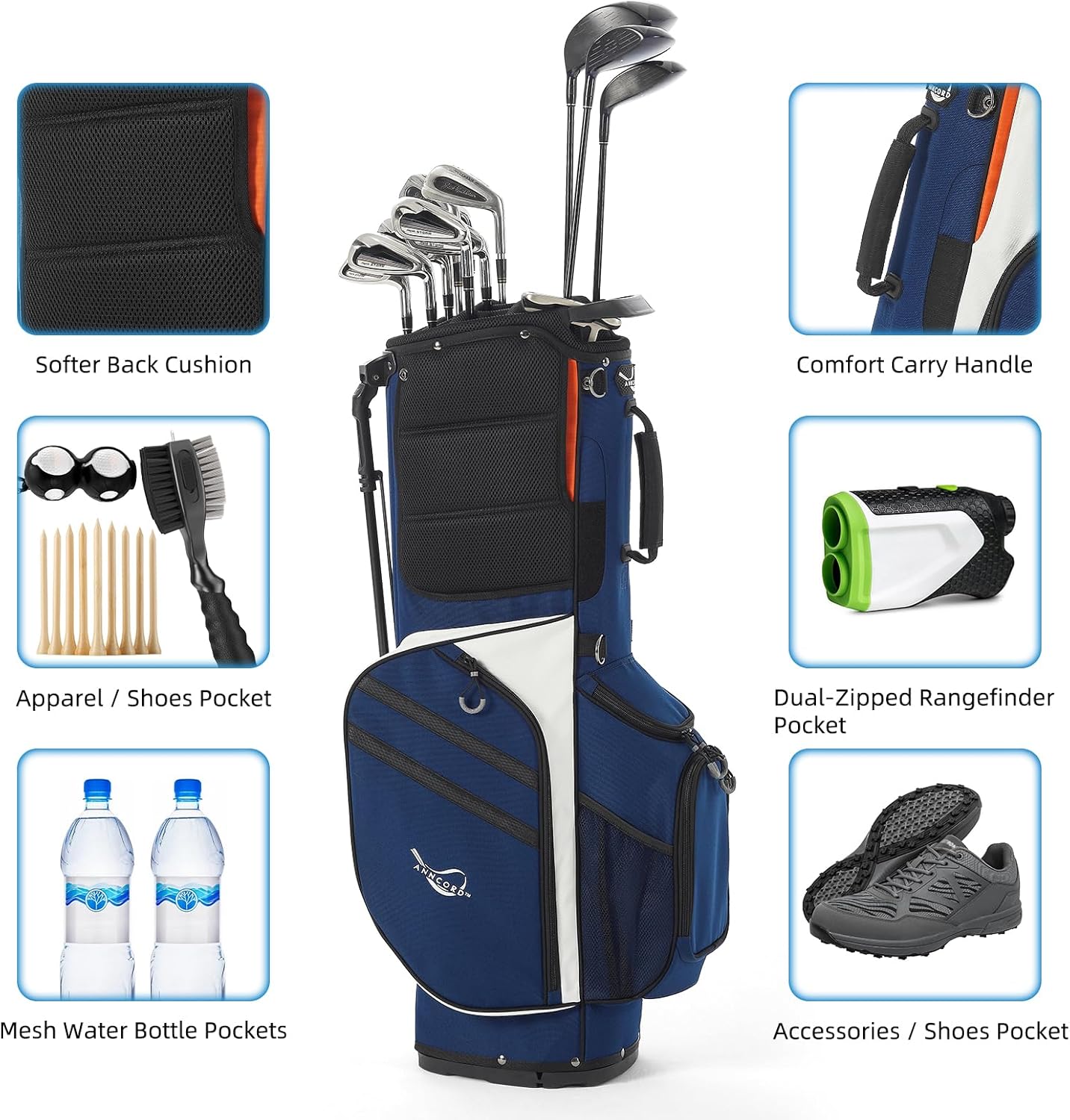 ANNCORD Golf Stand Bag 14 Way Top Dividers Full-Length with Stand, 7 Pockets, Lightweight Golf Bag for Men, Dual Strap, Rain Hood, Portable Golf Club Bag for Men Women
