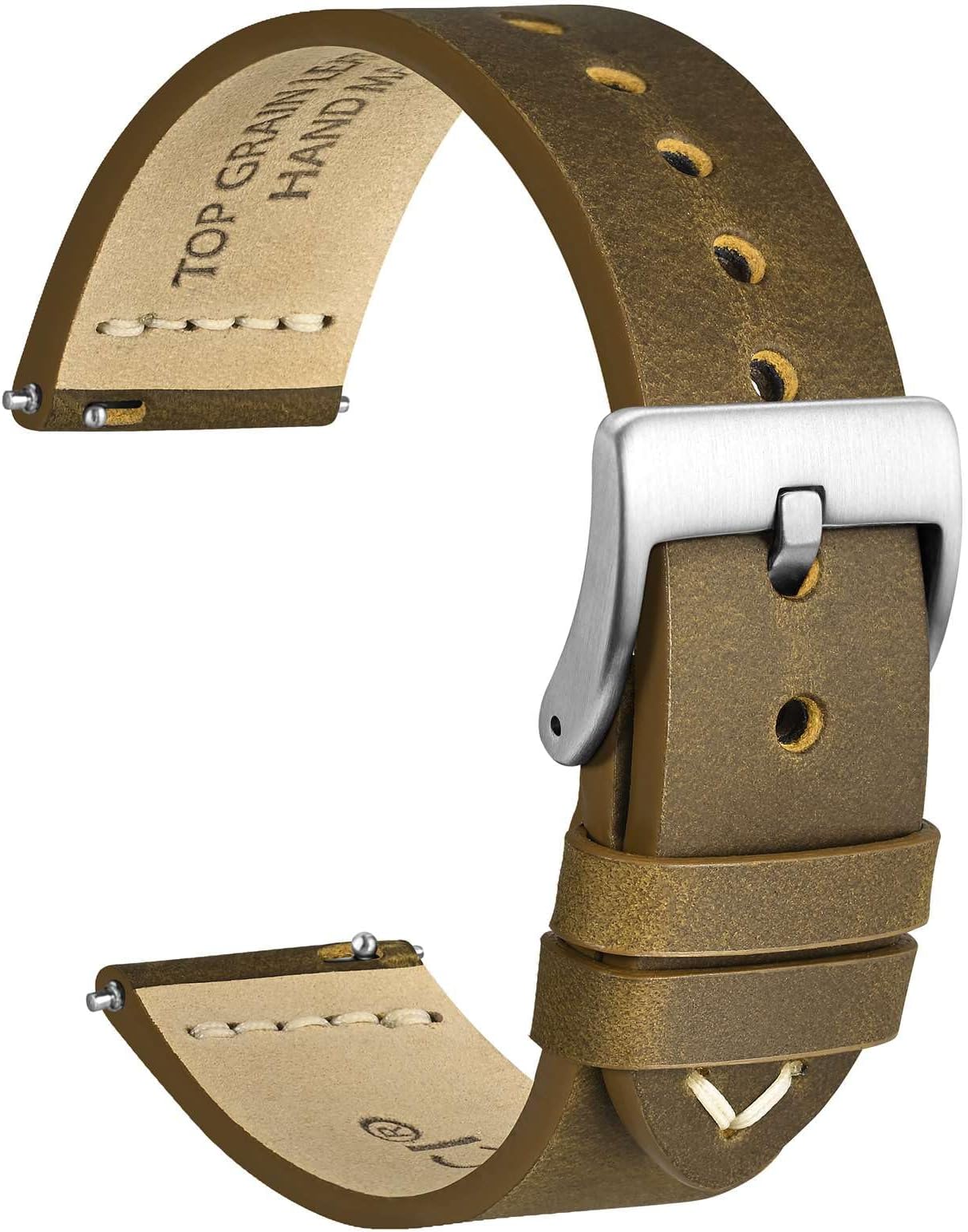 WOCCIWOCCI 22mm Old-fashioned Watch Band for Men, Top Grain Leather, Silver Brushed Buckle (Dark Tan)