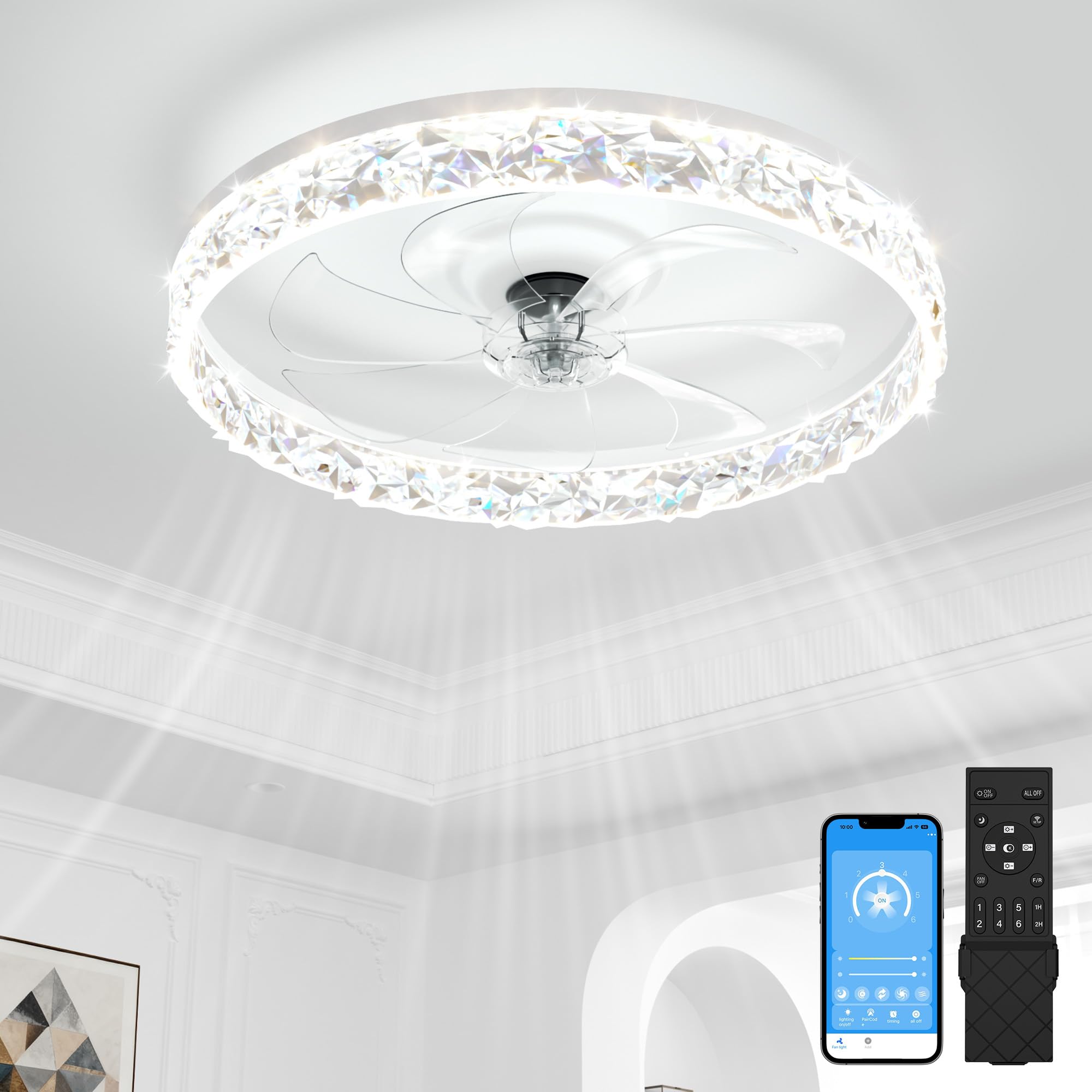 VOLISUN Deckenventilator mit Beleuchtung und Fernbedienung, 6 Windstufen und Dimmbar, Moderner Deckenlampe mit Ventilator, Leiser LED Deckenventilator für Schlafzimmer Wohnzimmer (Weiß, 49.5CM)