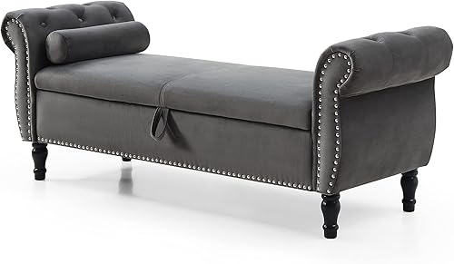 Miniatura 16 de HMFULE Taburete rectangular de almacenamiento multifuncional de 63 pulgadas, patas de madera maciza, banco tapizado de terciopelo con 1 almohada