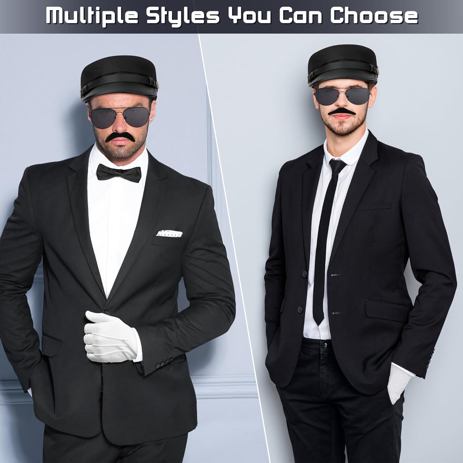 Chauffeur Costume Men Woman, Novelty Limo Taxi Driver Costume Chauffeur Hat Sunglasses White Gloves Fake Beard Bow Tie Necktie for Men Women for Halloween Cosplay (11 PCS), Black - Image 5