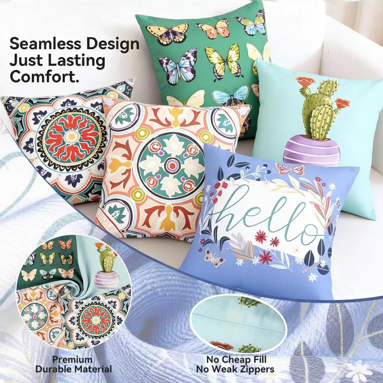 Outdoor Throw Pillows Waterproof Set of 4 18x18 Inches Cactus Print Outdoor Decorative Pillows with Insert for Bed, Couch, Sofa and Patio Furniture