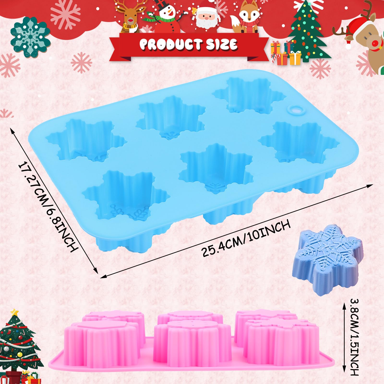 Moldes de copo de nieve, 3 bandejas de silicona de Navidad para tartas, copos de nieve 3D, reutilizables, antiadherentes, moldes de chocolate para Navidad, magdalenas, gelatina, cubitos de hielo,
