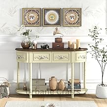 Retro Console with Drawers, 52" Long Narrow Sofa Table W/Open Shelf, Half-Moon Entryway Table with Storage, Solid Wood Legs, Vintage Entry Console for Living Room Hallway, Beige Color
