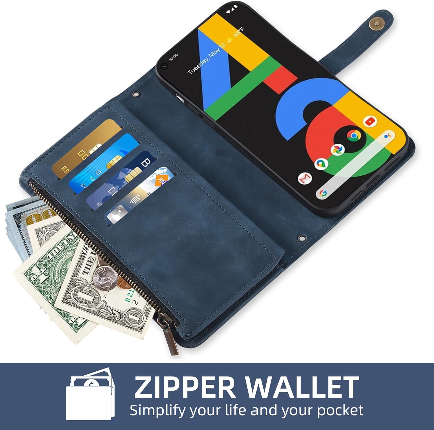 Phone Case for Google Pixel 4a 4G Wallet Cover with Tempered Glass Screen Protector and Crossbody Wrist Strap Leather Flip Pattern Zipper Credit Card Holder Pixel4a Pixle a4 5.8 2020 Women Men Blue