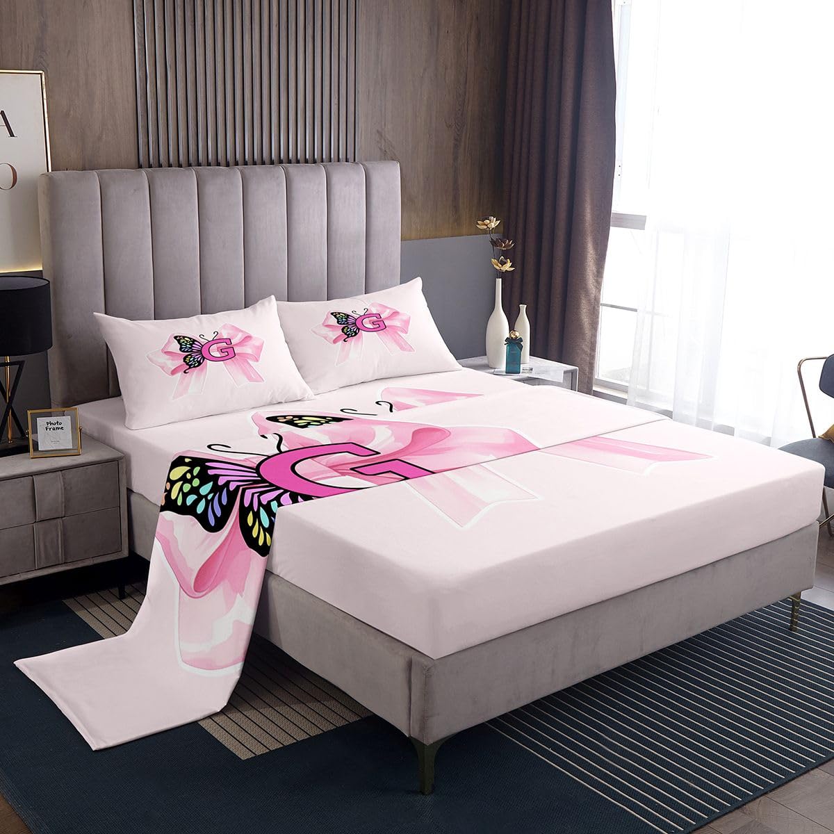 Erosebridal Pink Bowtie Bed Sheets Set Twin Letter G Sheet Set Kawaii Butterflies Wing Girly Dreamy Sheets Princess Cute Fashion Bowknot Flat Fitted Sheet