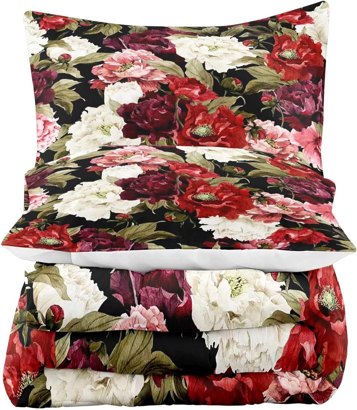 LUVIVIHOME 3PCS Pink Red Burgundy Floral Comforter Set Full Size, Shabby Chic Bedding Black Quilt, Watercolor Vintage Green Leaves Peony Rose Rustic Flower Bedroom Decor for Women Wife, 2 Pillow Shams