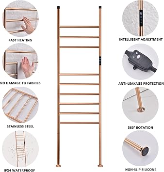 Freestanding Heated Towel Rack Electric Towel Warmer 110W Smart WiFi Voice Control 115F155F Adjustable, 24H Timer, 9-Bar Hot Towel Rack, Blanket Ladder Holder, No Installation (Rose Gold)