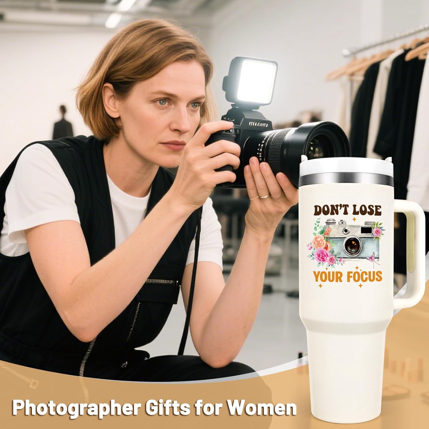 Qtencas Photographer Gifts for Women, Don't Lose Your Focus 40 Oz Insulated Tumbler, Gift for Photographers, Cool Birthday Christmas Gifts for Photography Camera Lovers, Creamy - Image 5