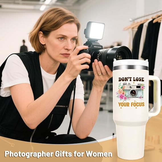Qtencas Photographer Gifts for Women, Don't Lose Your Focus 40 Oz Insulated Tumbler, Gift for Photographers, Cool Birthday Christmas Gifts for Photography Camera Lovers, Creamy