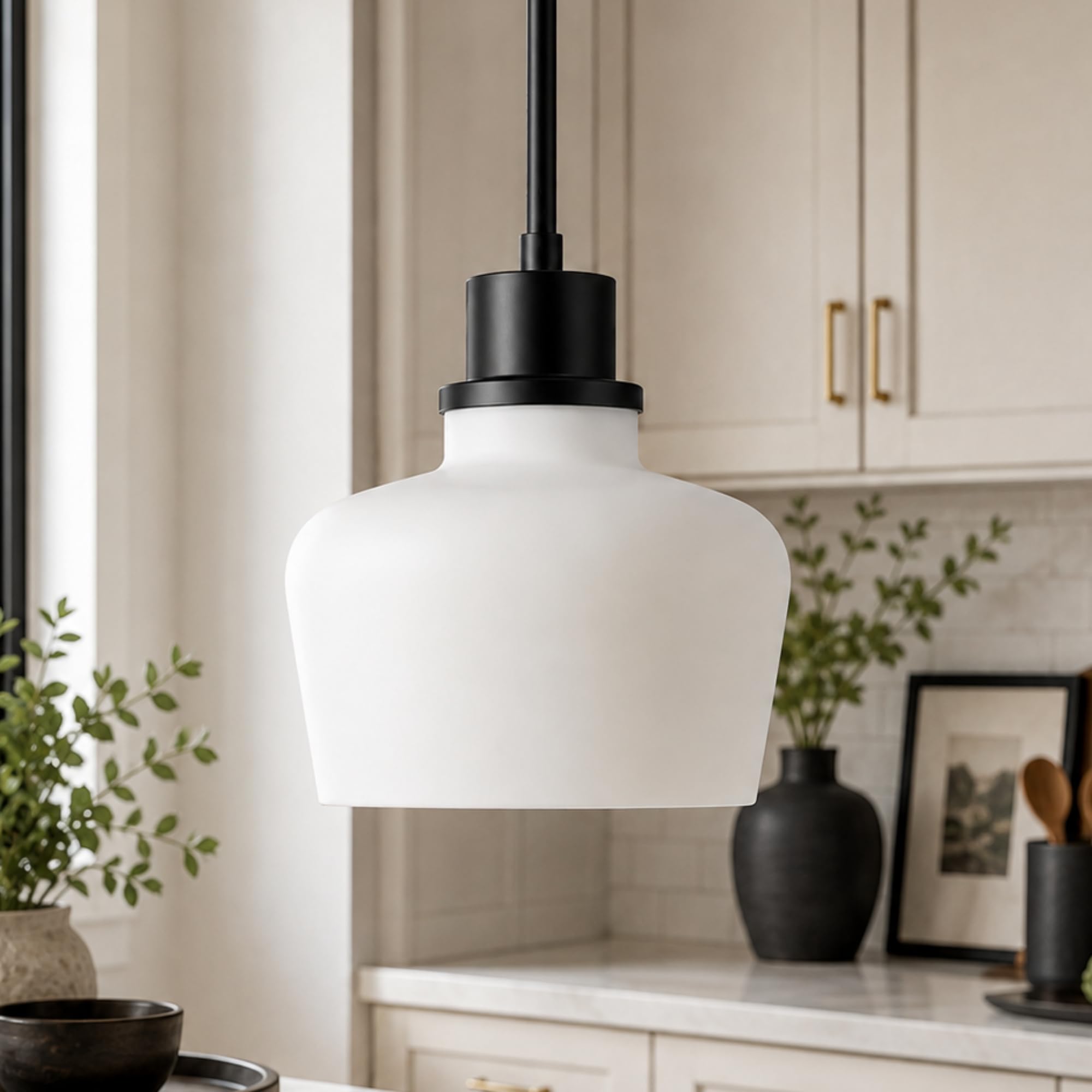 Photo 1 of Emak Modern 8 Inch Black Pendant Light, Farmhouse Pendant Lighting with Milk Glass Shade, 1 Light Hanging Light Fixture for Kitchen Island, Dining Room, Bathroom, Bedroom, PL122-BK-ML