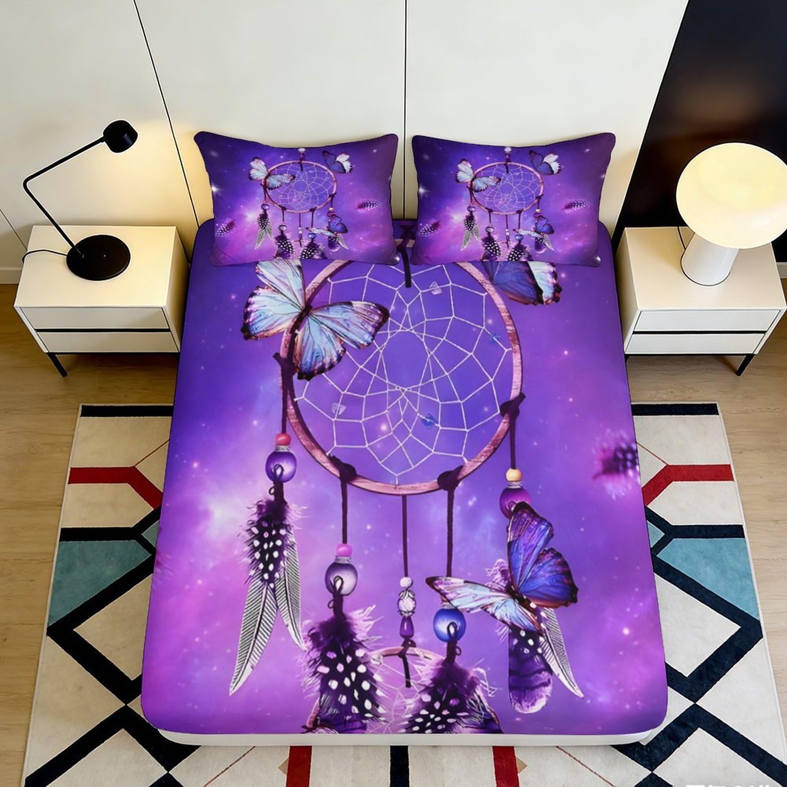 3D Printed Purple Dreamcatcher Fitted Sheet Microfiber Soft Breathable Butterfly Bed Cover for Bedroom Dormitory Guest Room Mattress Protection 140x200x25cm