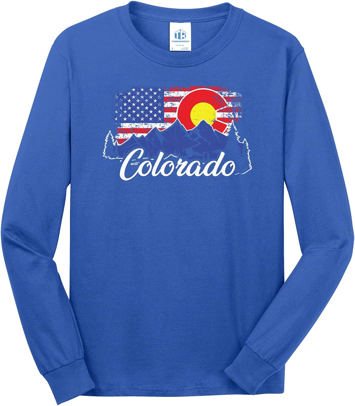 Threadrock Men's Colorado Mountains American Flag Long Sleeve T-Shirt