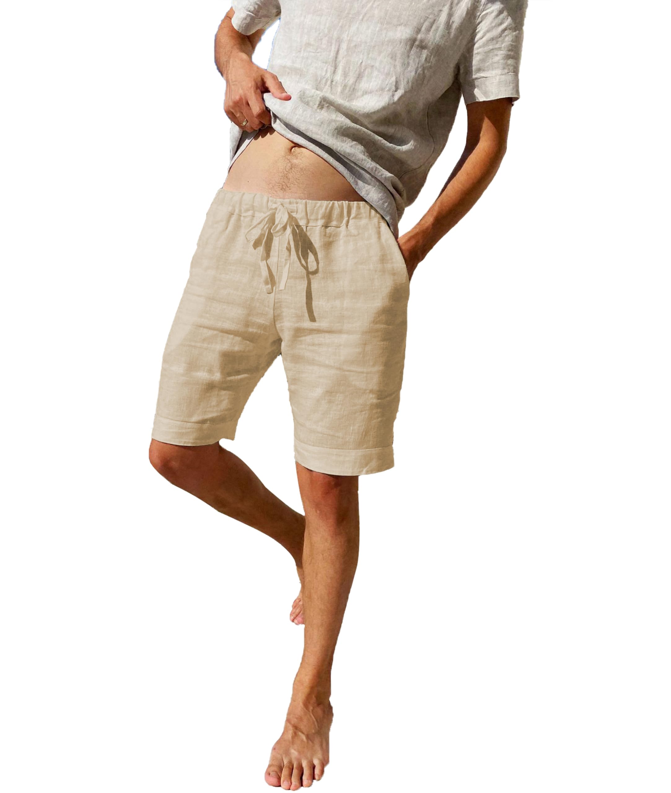 Pantalones Cortos de Lino para Hombre Cintura Elástica Bolsillos Verano