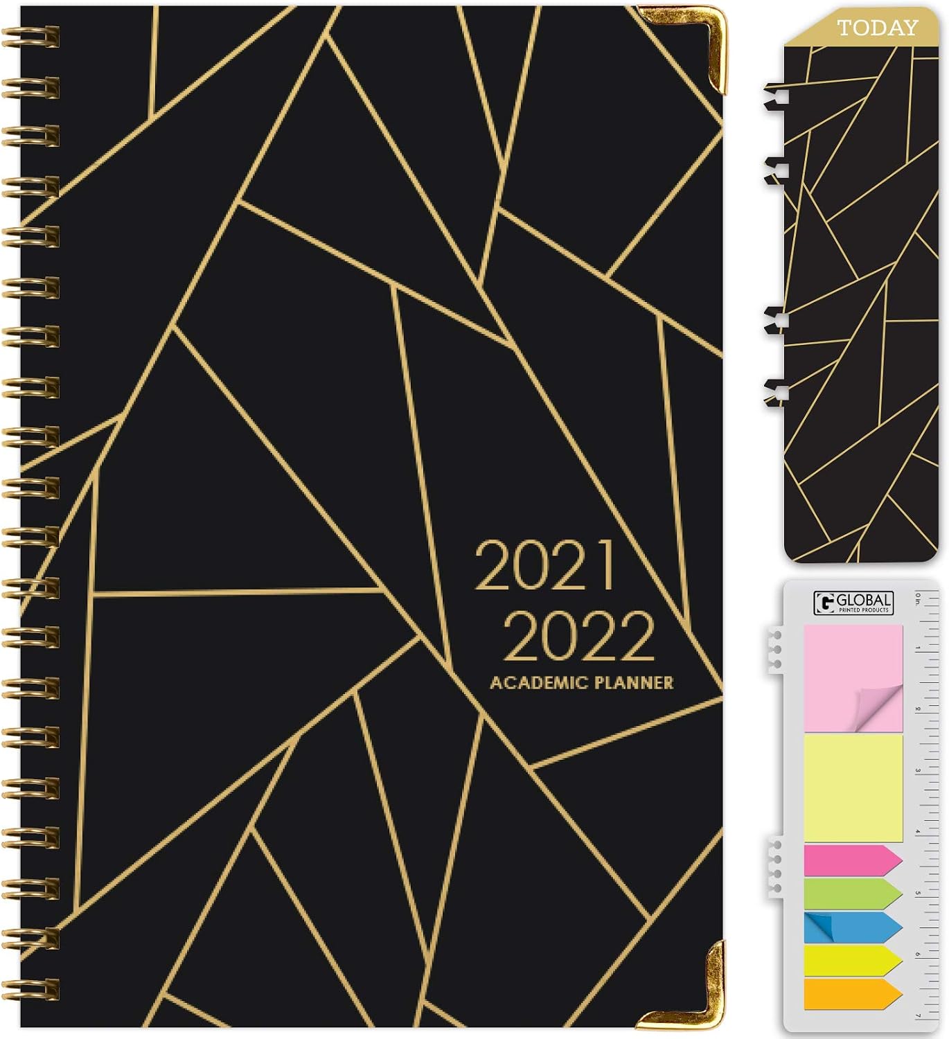 HARDCOVER Academic Year 2021-2022 Planner: (June 2021 Through July 2022) 5.5"x8" Daily Weekly Monthly Planner Yearly Agenda. Bookmark, Pocket Folder and Sticky Note Set (Black Gold Triangles)