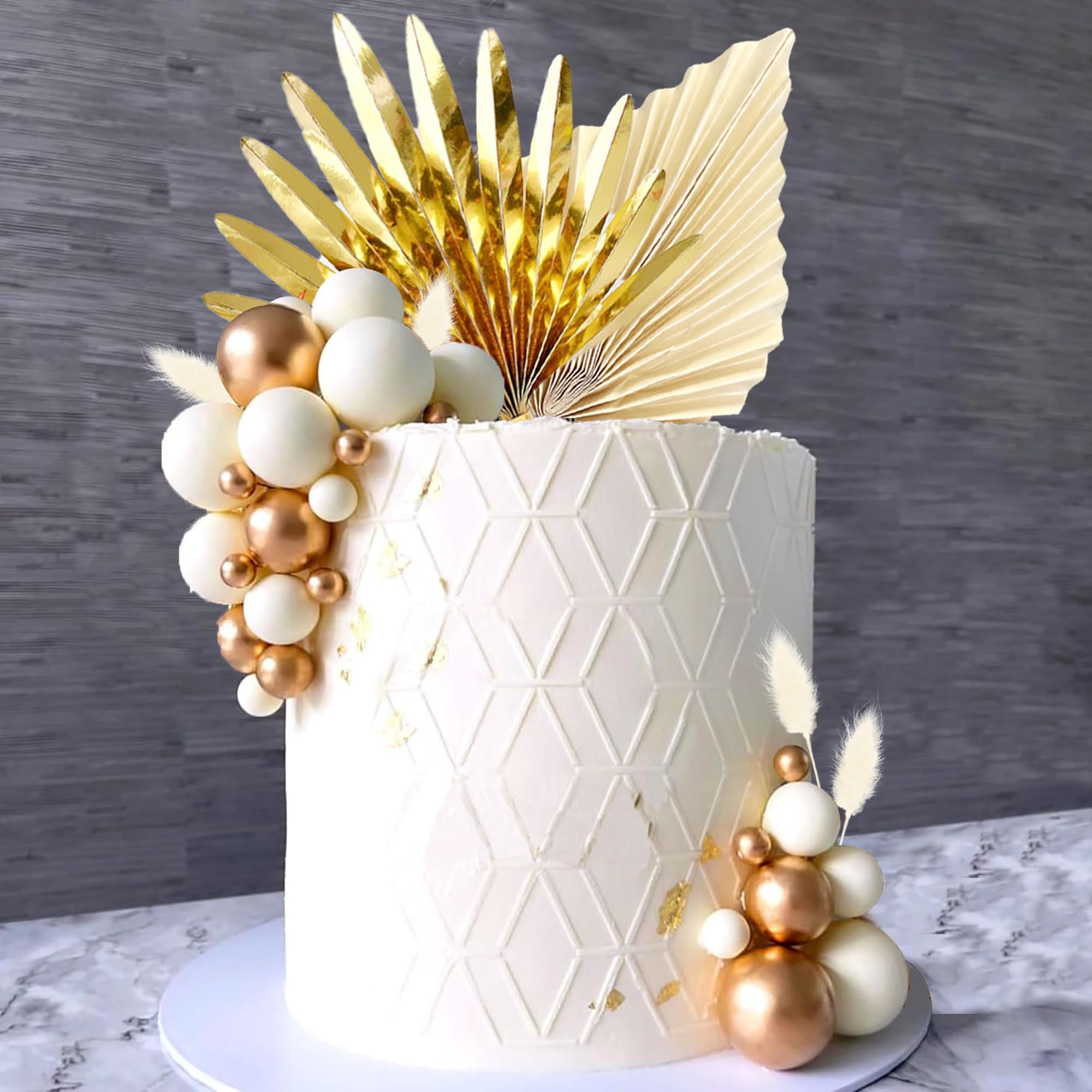 38 PCS Balls Cake Toppers Palm Leaves Cake Decorations for Birthday Wedding Baby Shower Party Supplies (White)