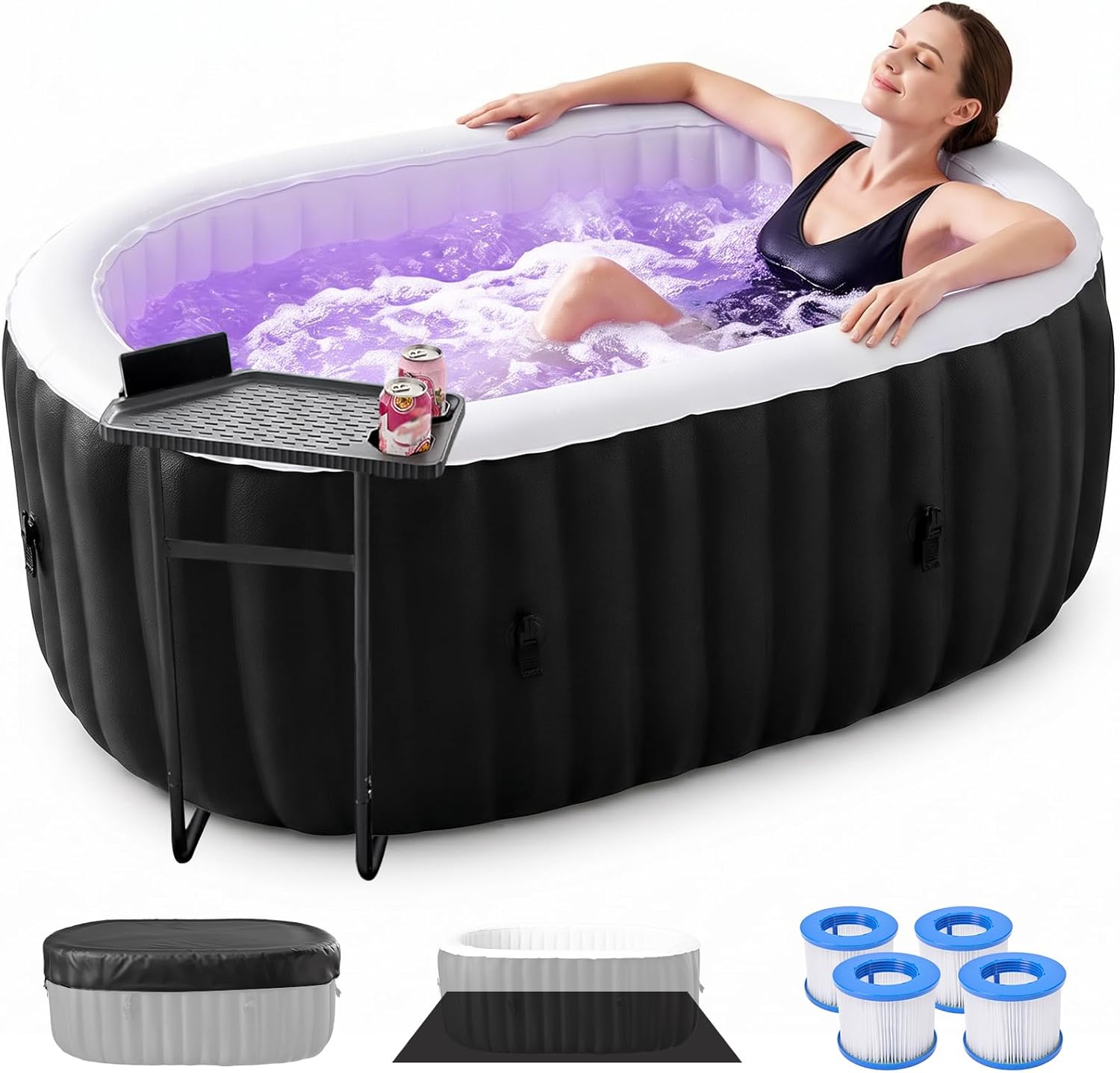 Inflatable Hot Tub with LED Lights, 2 Person Oval Portable Blow up Hot Tub Spa with Side Table, Leak-Proof PVC Outdoor Spa with 100 Air Jets, Heater Pump and Insulated Cover