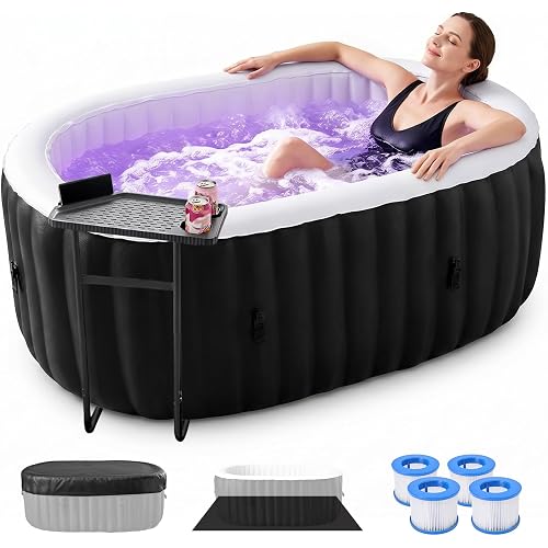 Inflatable Hot Tub with LED Lights, 2 Person Oval Portable Blow up Hot Tub Spa with Side Table, Leak-Proof PVC Outdoor Spa with 100 Air Jets, Heater Pump and Insulated Cover