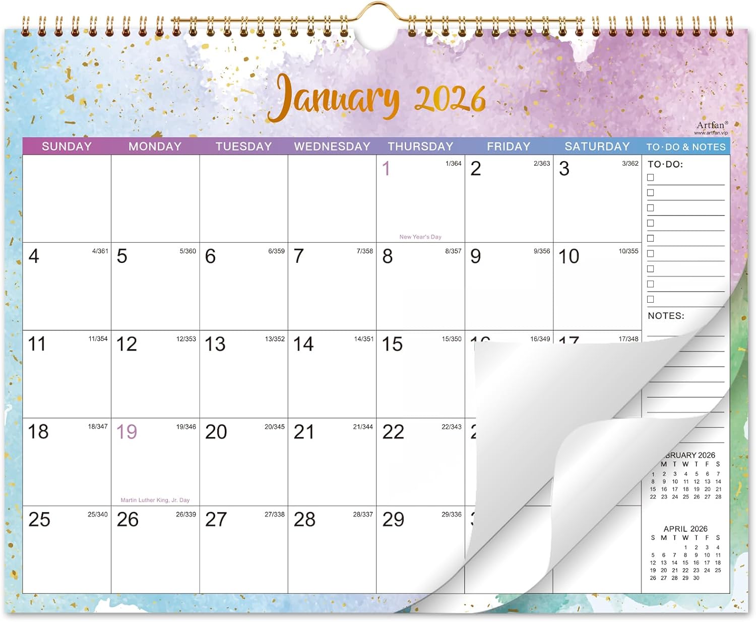 2026 Wall Calendar - 2026 Calendar, JAN 2026 - DEC 2026, 14.8" x 11.5", Large Calendar 12 Month with Twin-wire Binding & Hanging Hook, Perfect Wall Calendars for Organizing - Colorful Waterink