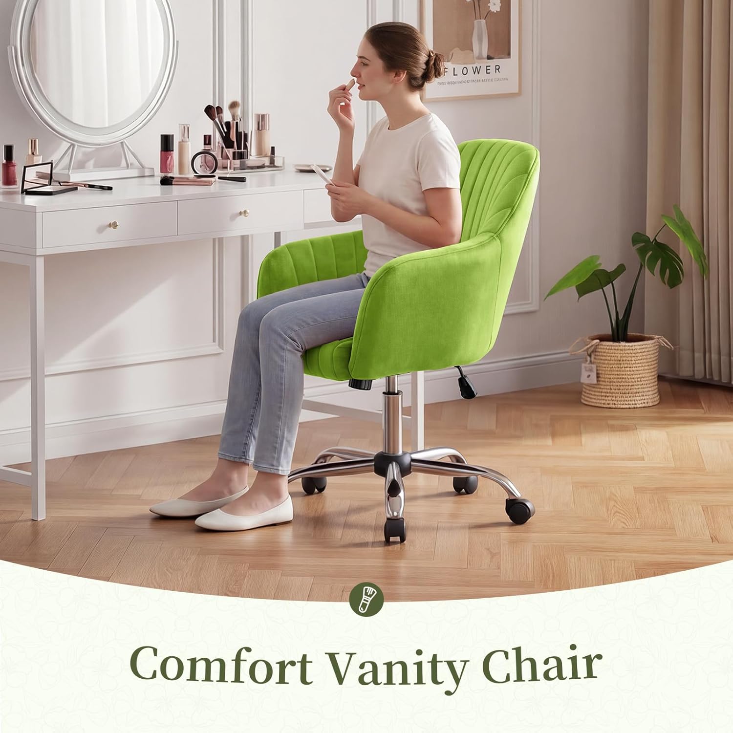 Warmiehomy Velvet Desk Chair for Home Office, Modern Swivel Task Chair, Women Vanity Chairs with Arm Rest for Bedroom Dressing Room, Velvet Moss Green