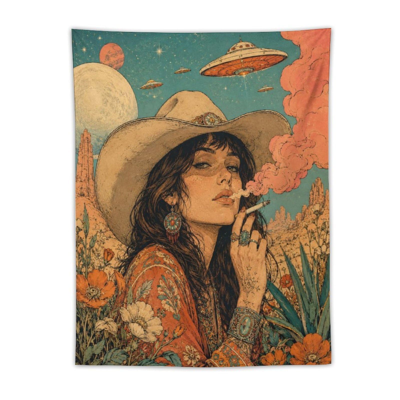W7C8U2X3 Cowgirl with UFOs Wall Tapestry, Vintage Poster, Vintage Sci Fi
