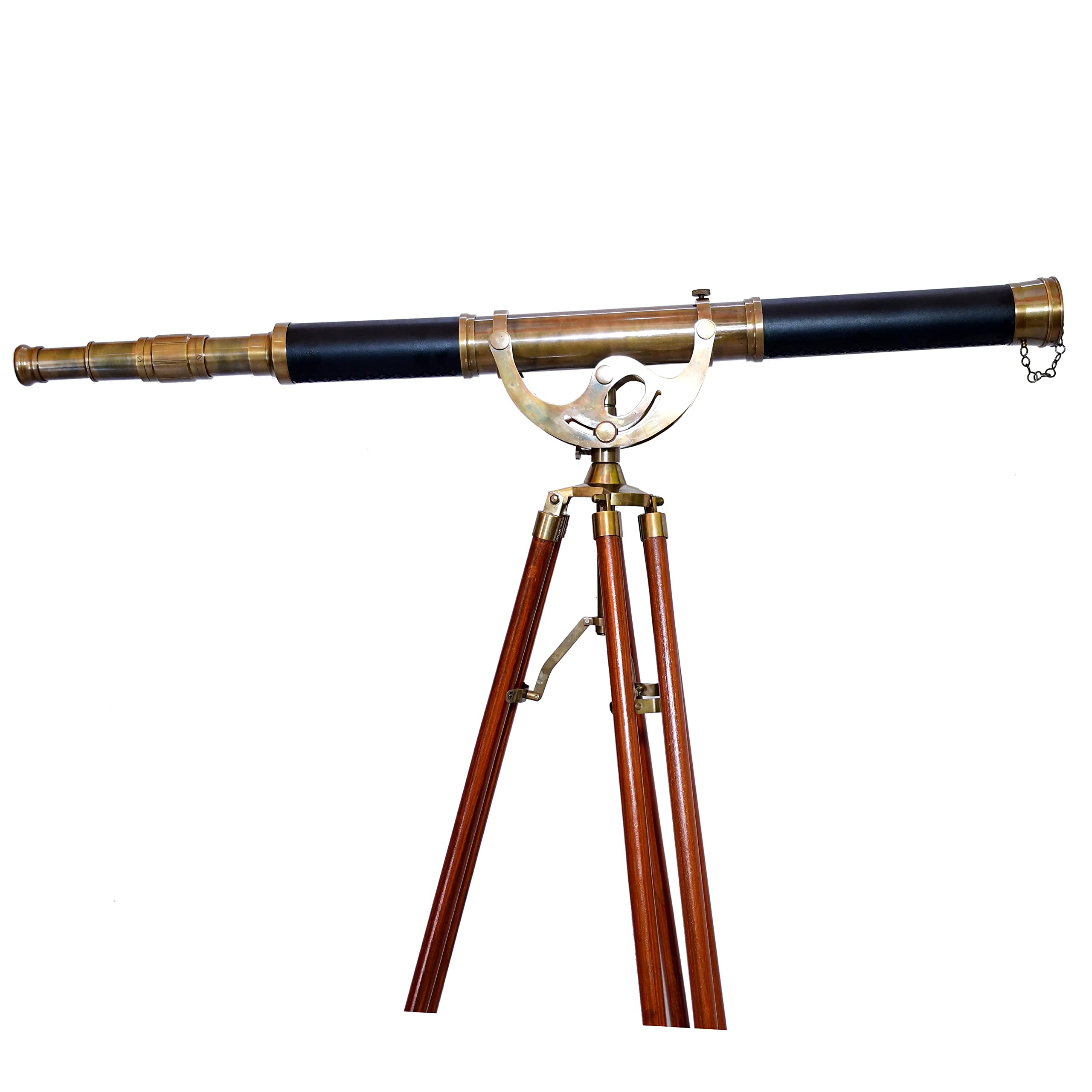 Decorative Nautical Telescope Floor Standing Brass Telescope Adjustable Teak Wood Tripod Antique Leather- Harbor Master