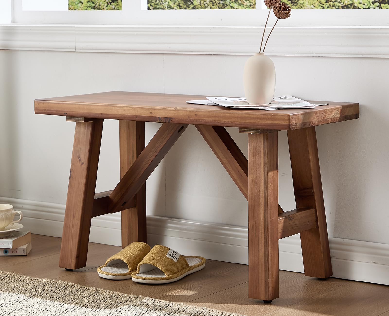chairus Farmhouse Solid Wood Bench, 30" Entryway Bench Seat Rustic Narrow Dining Room Bench for Kitchen/Living Room/Bedroom/Entrance/Small Apartment, Walnut