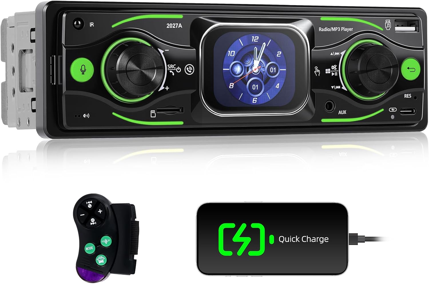 Single Din Bluetooth Multimedia Car Stereo Radio MP3 Player,USB/TF/AUX-in,FM,LCD Display,64GB SD Card,Handsfree,Quick Charge,LED Colors&Clock Display