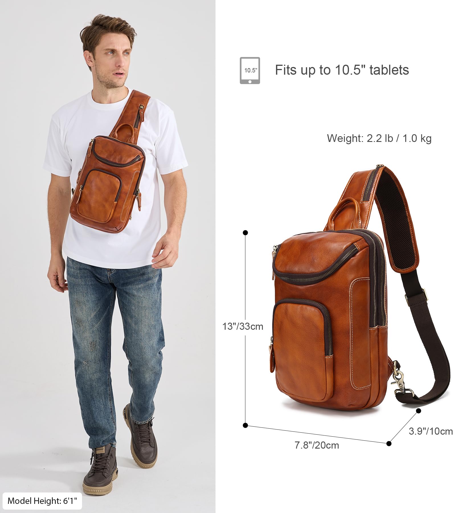 LANNSYNE Vintage Vollnarbenleder Sling Bag Crossbody Chest Daypack, gelb, Leather Sling Bag Fits 10.5" iPad, Leder-Tragetasche für 26,7 cm (10,5 Zoll) iPad