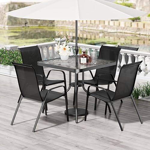 TLSUNNY Juego de comedor de patio de 5 piezas, muebles de exterior para todo tipo de clima con mesa de 30 x 30 pulgadas y 4 sillas apilables de
