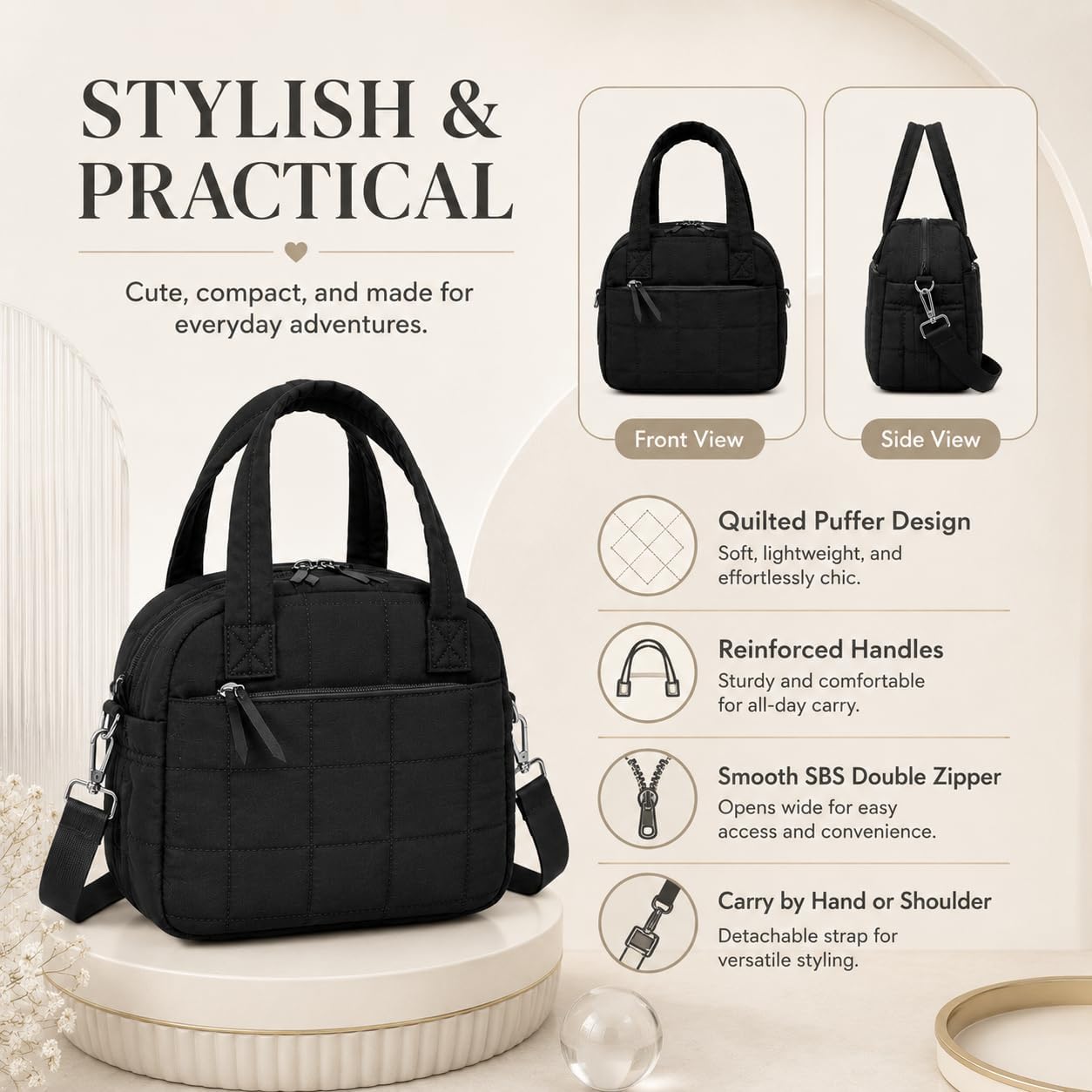 LEDAOU Lunch Box for Women, Quilted Insulated Lunch Bag, Puffy Lunch Tote with Adjustable Shoulder Strap for Work School Travel (Black, Regular 9L)