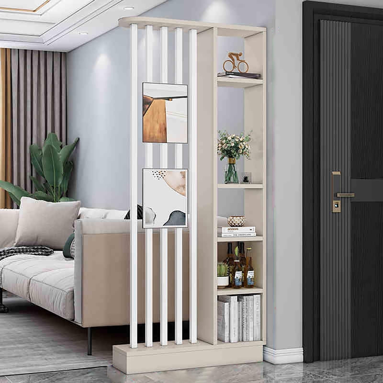 Parete divisoria in legno autoportante,moderno schermo per la privacy a colonna con spazio di archiviazione, adatto per a soggiorni, ingressi, studi e altri luoghi.(Cream Gray+White,80cm/31.5in)