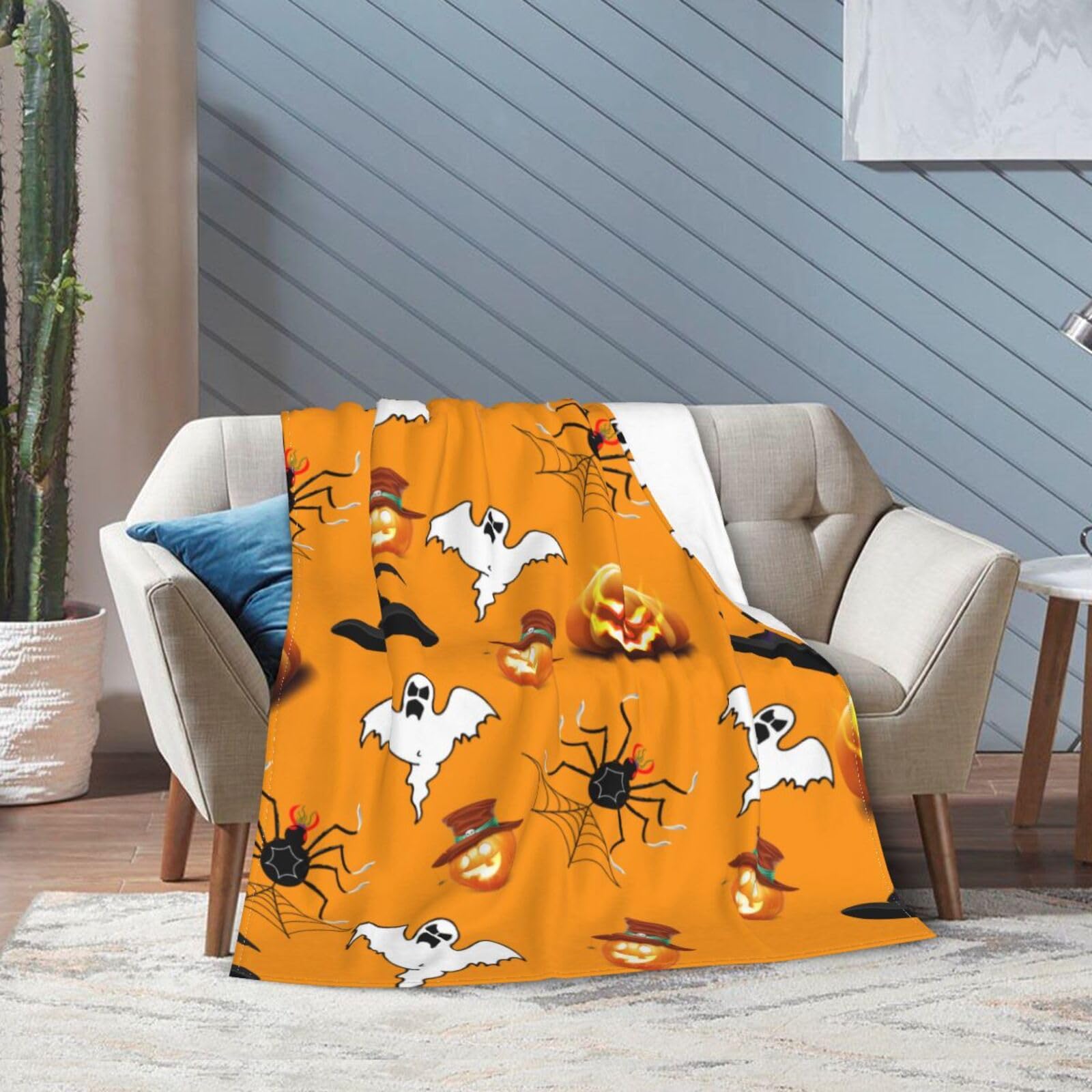 Coperta Leggera In Flanella Per Halloween Con Fantasmi E Zucca, Nero E Arancione, Perfetta Per Divano, Letto E Decorazioni Da Casa, 127 Cm - 2