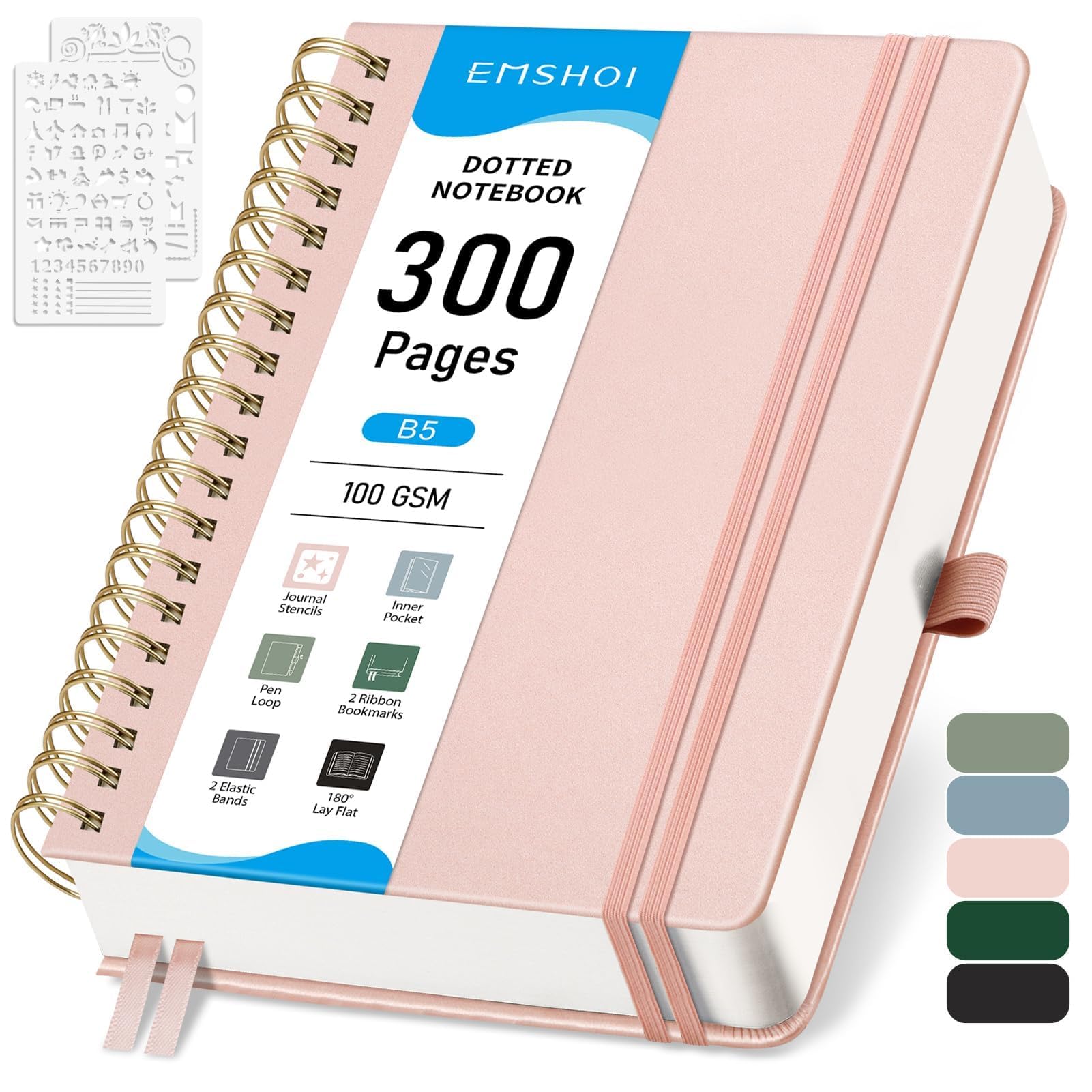 EMSHOI Dotted Journal Spiral Notebook - 300 Pages, B5 Hardcover Leather, 100 GSM Thick Dot Grid Notebook for Women Men Work Writing, Journaling,