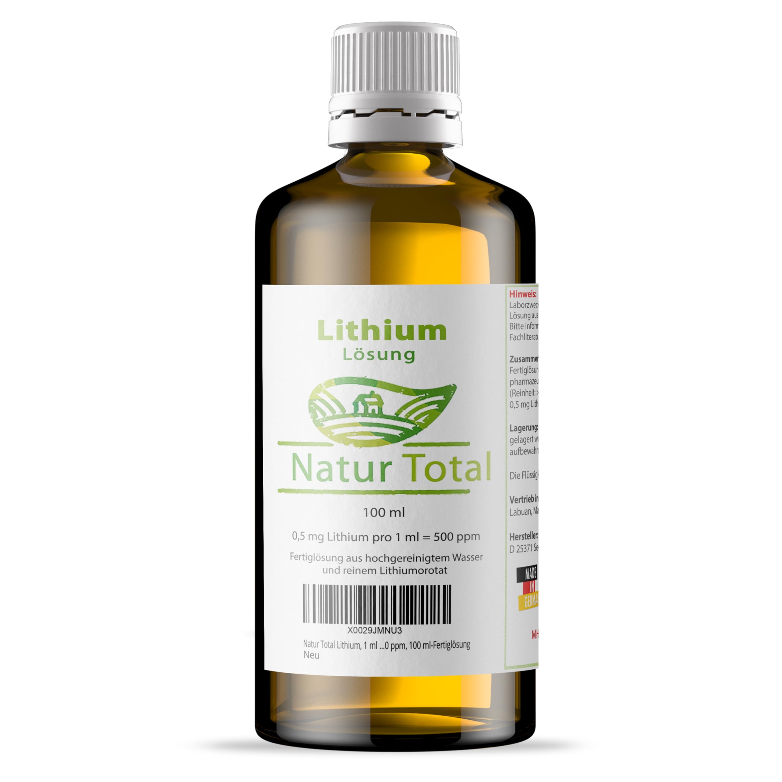 Chlore Spa JUNALI® Lithium, Solution D'orotate De Lithium Pur (pureté : > 98 ,5%) Et D'eau Très Pure, 1 Ml De Solution Prête à L'emploi Contient 0,5 Mg De Lithium = 500 Ppm
