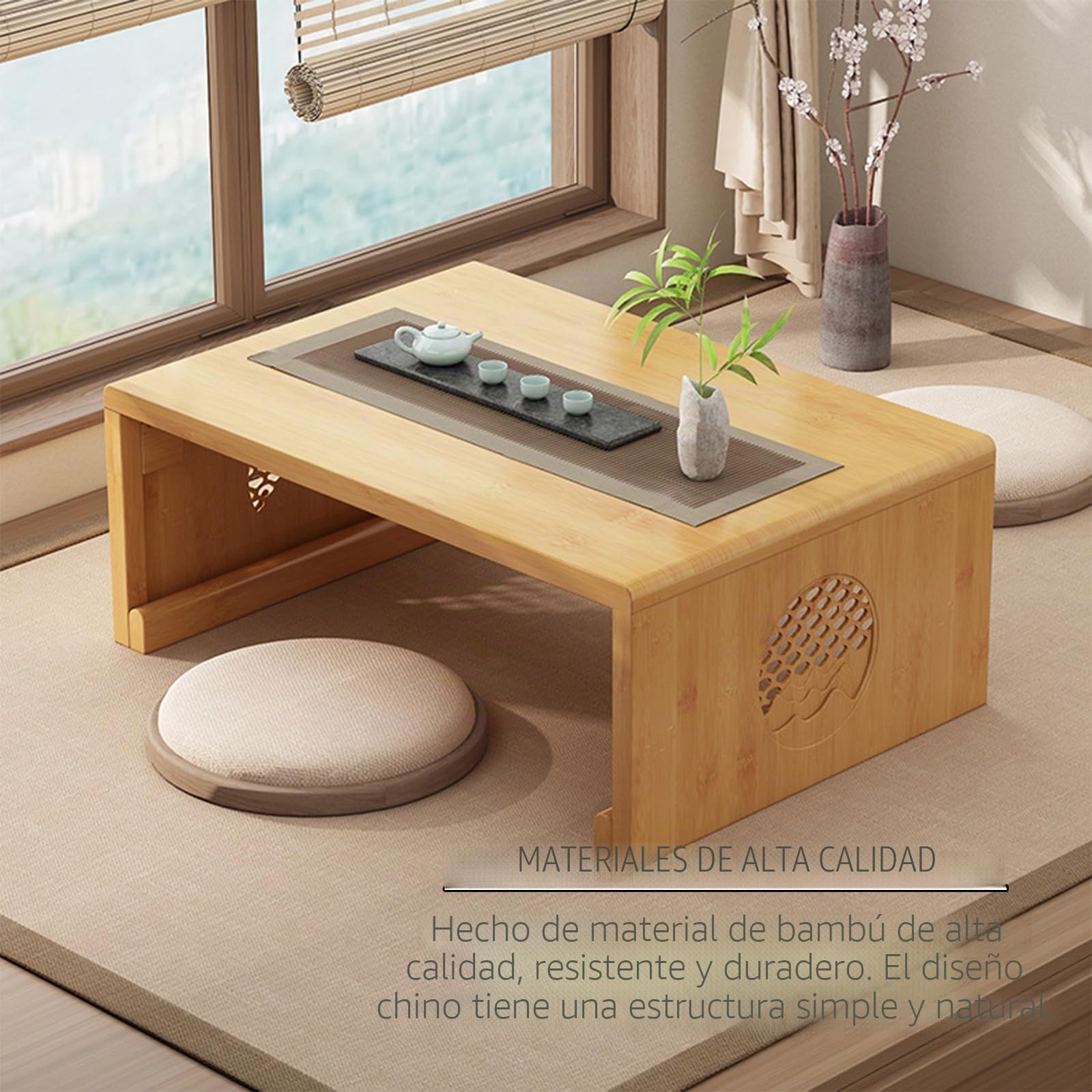 Mesa de Suelo de té Chino de bambú,Mesa de Centro Plegable Japonesa,Mesa de Altar for meditación,Mesa de Tatami Plegable portátil Baja for Sala de Estar,decoración del hogar (L, Tronco)