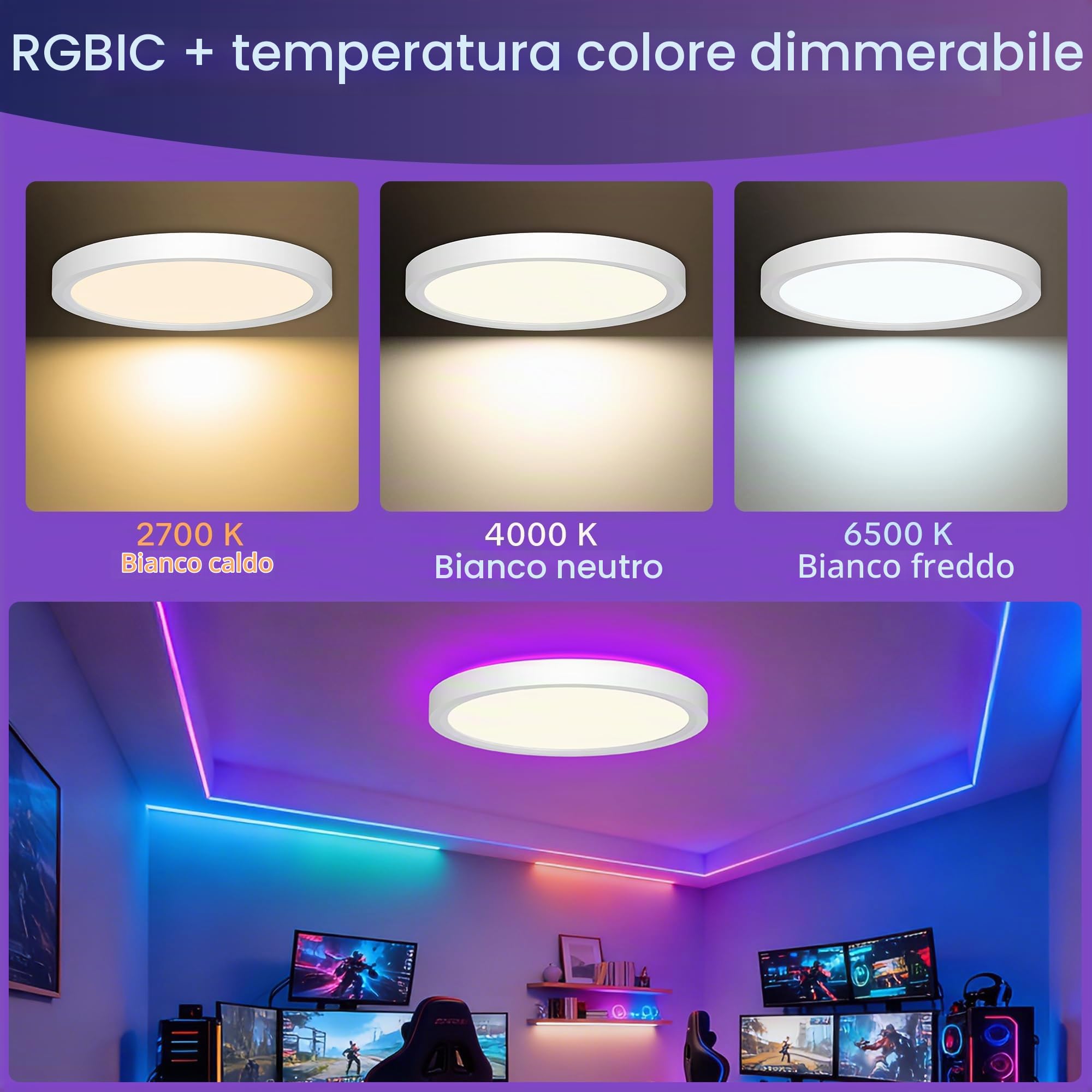 Plafoniera LED dimmerabile, 50 cm, 36 W 3600 lm, cambio colore RGB con telecomando, 2700 K-6500 K. Questa plafoniera piatta è adatta per bagni, camere da letto e soggiorni (Rotonda)