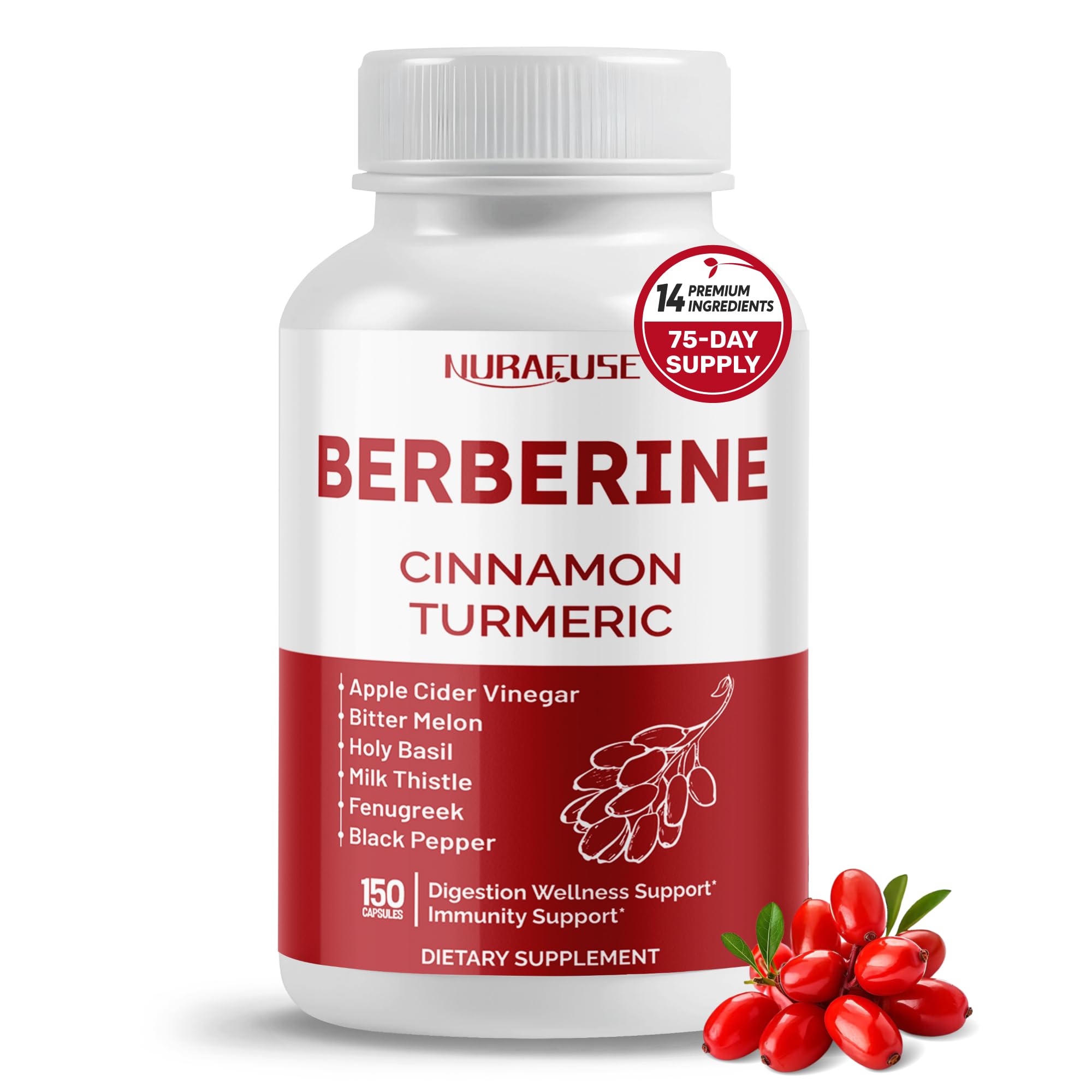 Berberine 14-in-1 Supplement with Ceylon Cinnamon Apple Cider Vinegar Turmeric Bitter Melon Holy Basil Milk Thistle Fenugreek Gymnema Banaba 150 count (pack of 1)