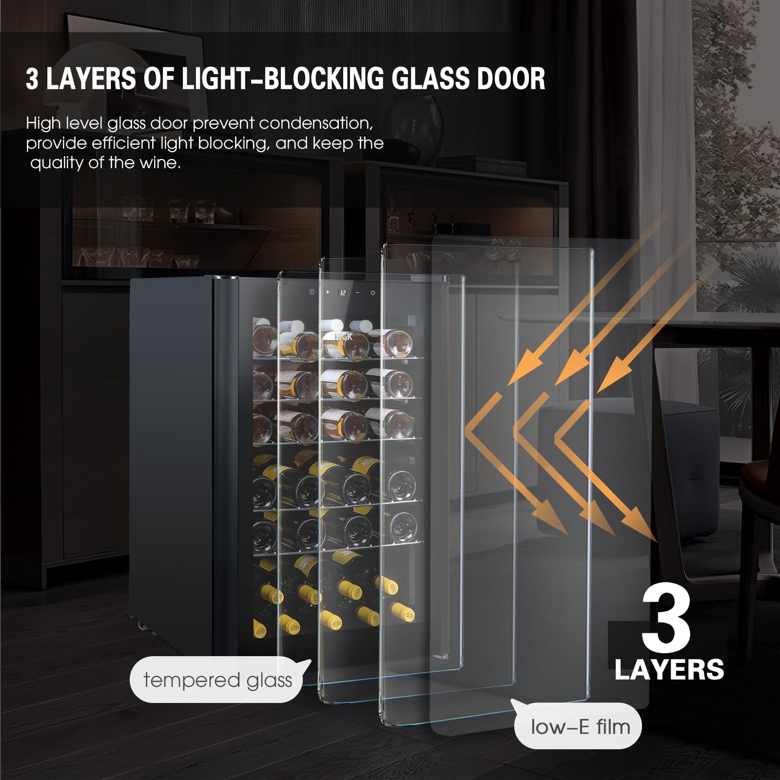 HCK Vinoteca, Nevera para Vinos 1 Zona de Refrigeración, 48 Botellas, 115 L, 4-22°C, Pequeña Nevera de 85 cm de Altura Con Panel Táctil, Silenciosa con Puerta de Vidrio, Negro